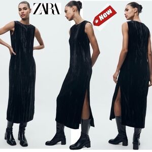 Zara ZW Collection black crushed wrinkled velvet sleeveless midi maxi dress XS